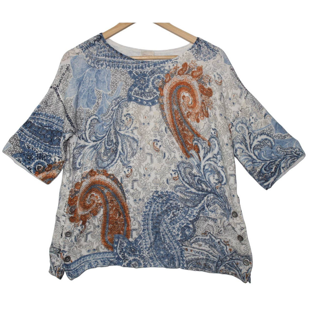 Women Chico's White Orange Blue Black Rayon Short Sleeve Shirt Top Blouse Size 1